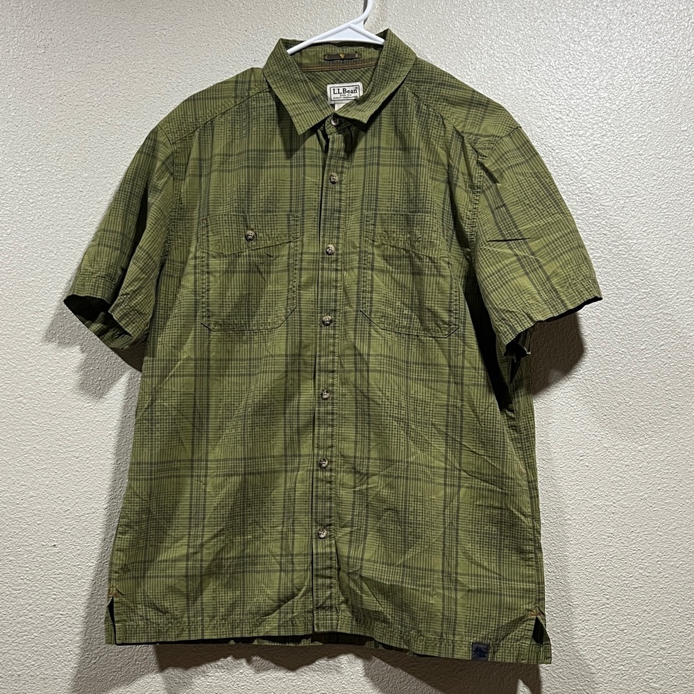 L.L. Bean Olive Plaid Short-Sleeve Button-Down Shirt